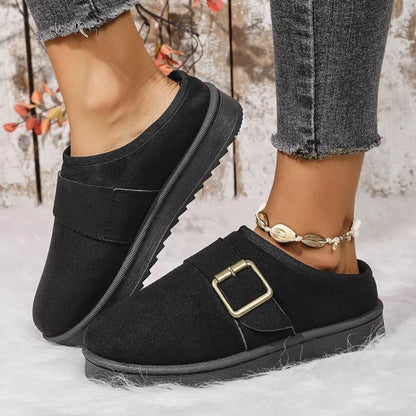 Buckle Decor Plush Lined Warm Slippers