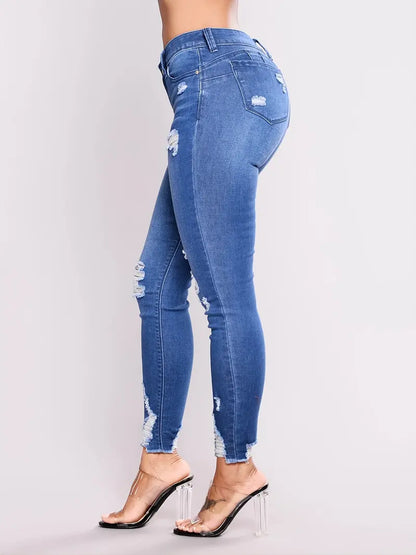 High Rise Ripped Skinny Jeans with Raw Hem for Women