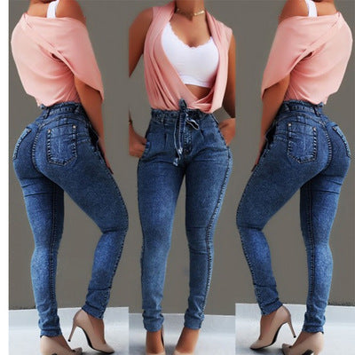 High-Waisted Women's Skinny Jeans with Fringe Belt