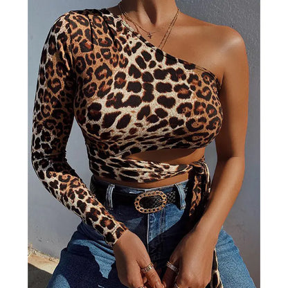 Leopard Print Cropped Sexy Women's Top Shirt