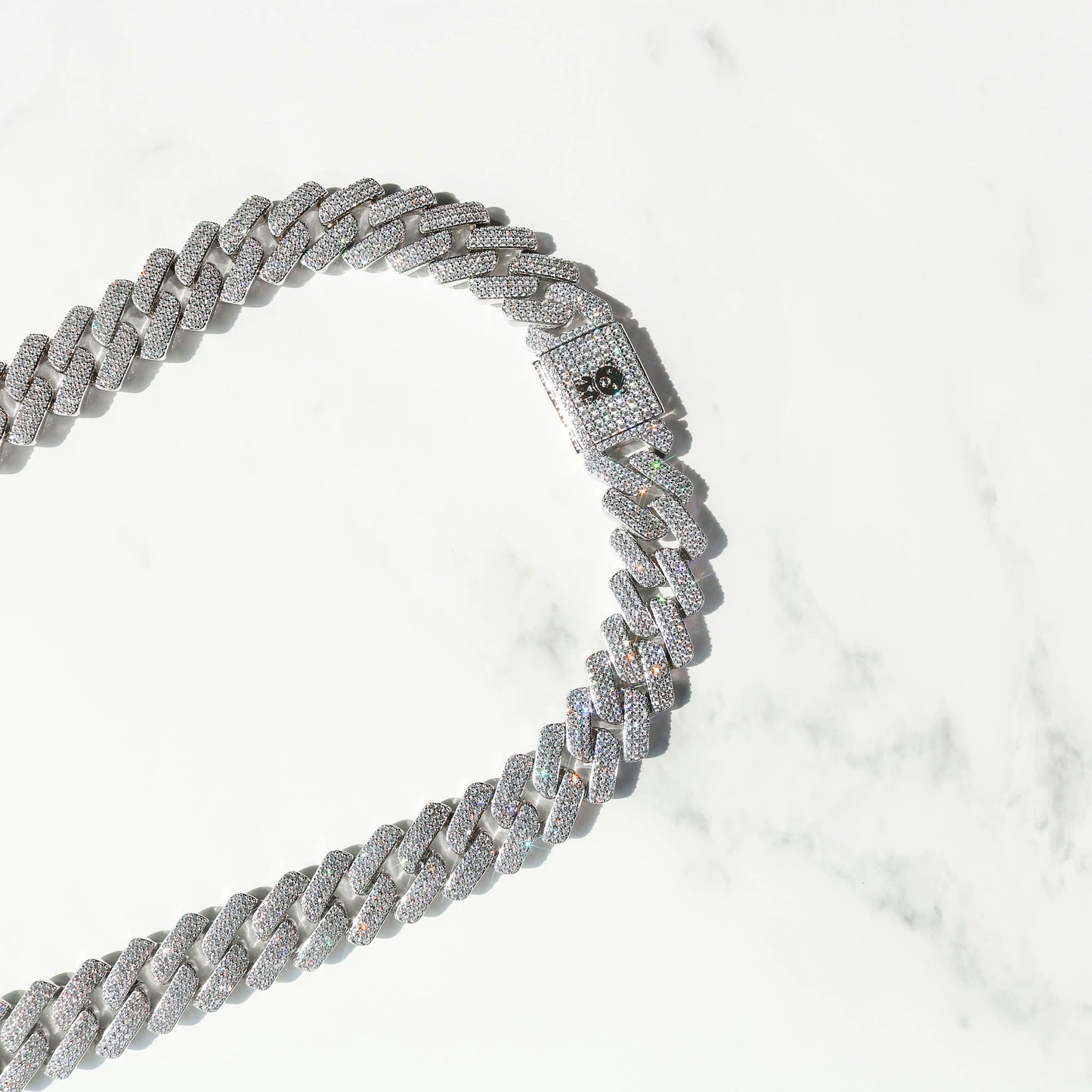 19mm Diamond Prong Monaco Chain in White Gold