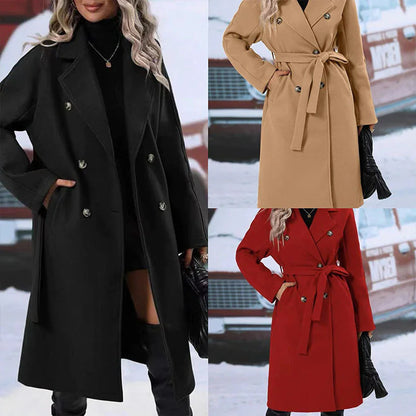 Women's Double-Breastlor Designd Lace-Up Belt: Thiced Trench Coat with Polo Collar anlid Cokened So