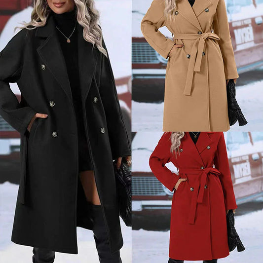 Women's Double-Breastlor Designd Lace-Up Belt: Thiced Trench Coat with Polo Collar anlid Cokened So