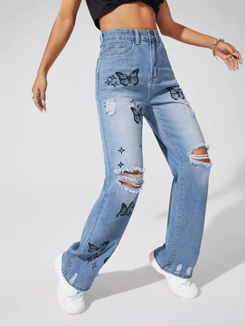 High Waist Blue Ripped Straight Jeans with Butterfly Pattern