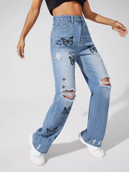 High Waist Blue Ripped Straight Jeans with Butterfly Pattern
