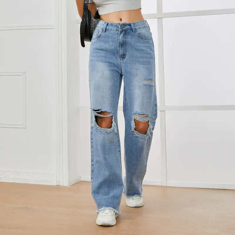 High Waist Ripped Trousers - Loose Straight Leg Denim