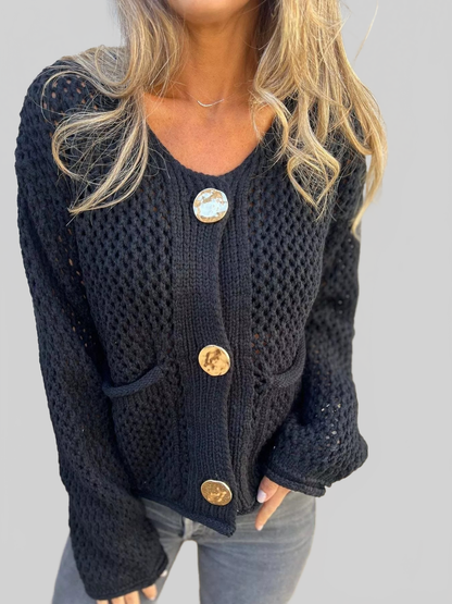 Crochet Button Up Long Sleeve Cardigan