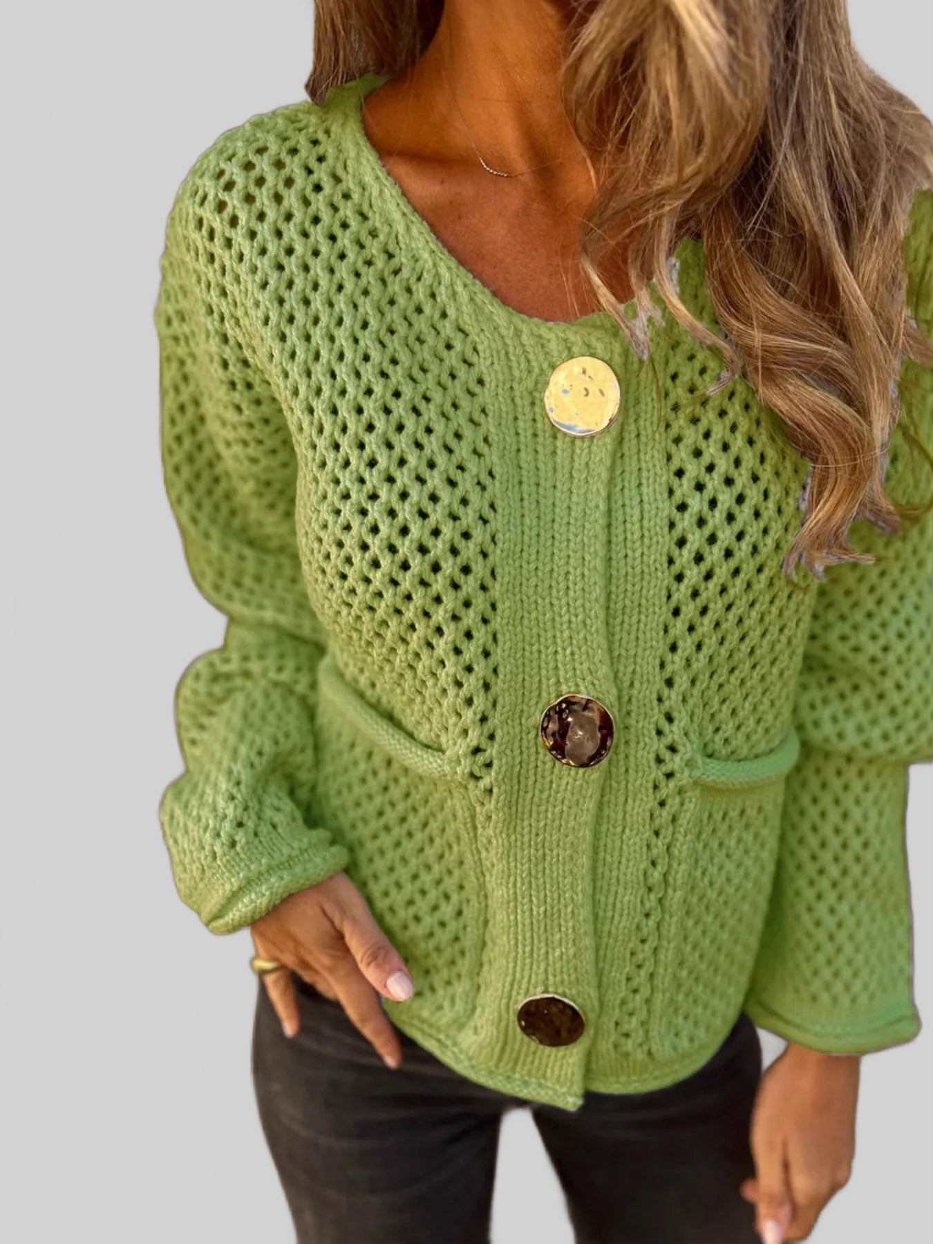 Crochet Button Up Long Sleeve Cardigan