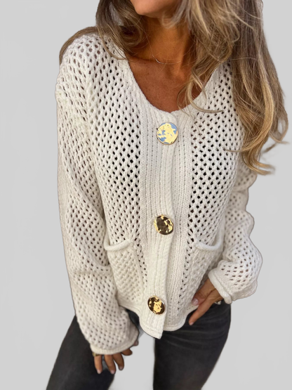 Crochet Button Up Long Sleeve Cardigan
