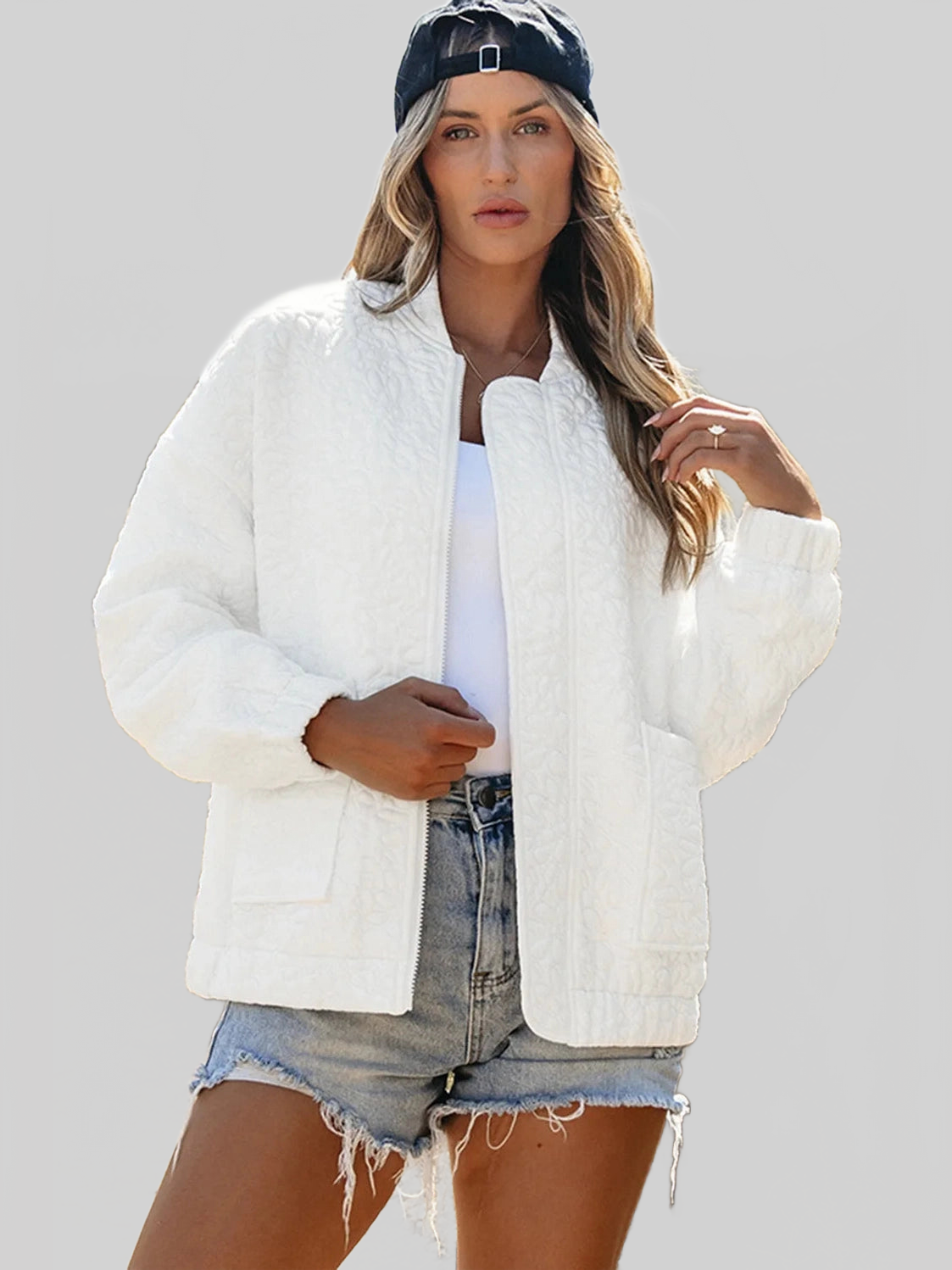 Baseball Collar Floral Quilted Jacket