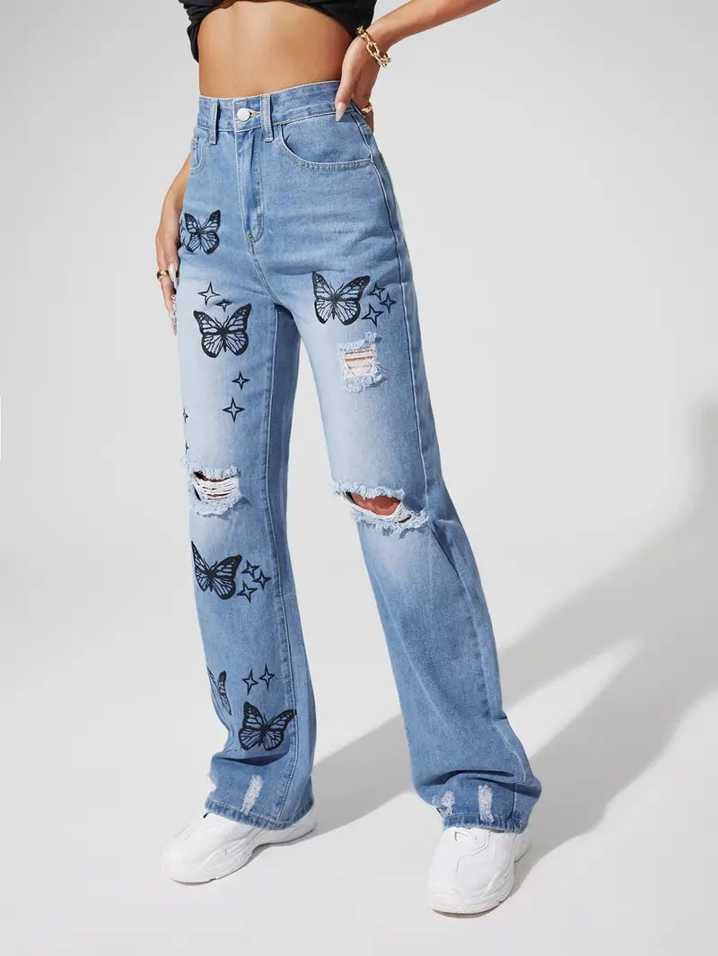 High Waist Blue Ripped Straight Jeans with Butterfly Pattern