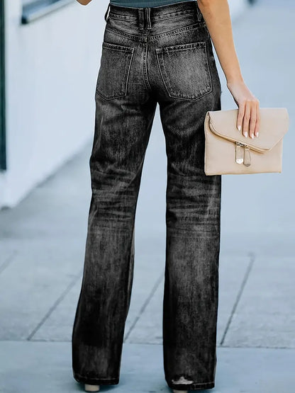 High Waist Ripped Straight Flared Denim Jeans for Women