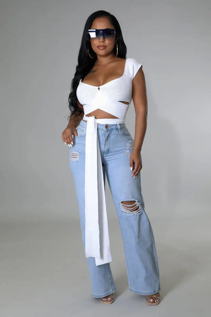Women's Ripped Straight Boyfriend Denim Wide-Leg Jeans