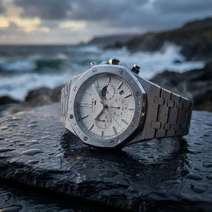 Silver Stainless Steel Watch – ChronoLunar White Dial by Dapper Watches