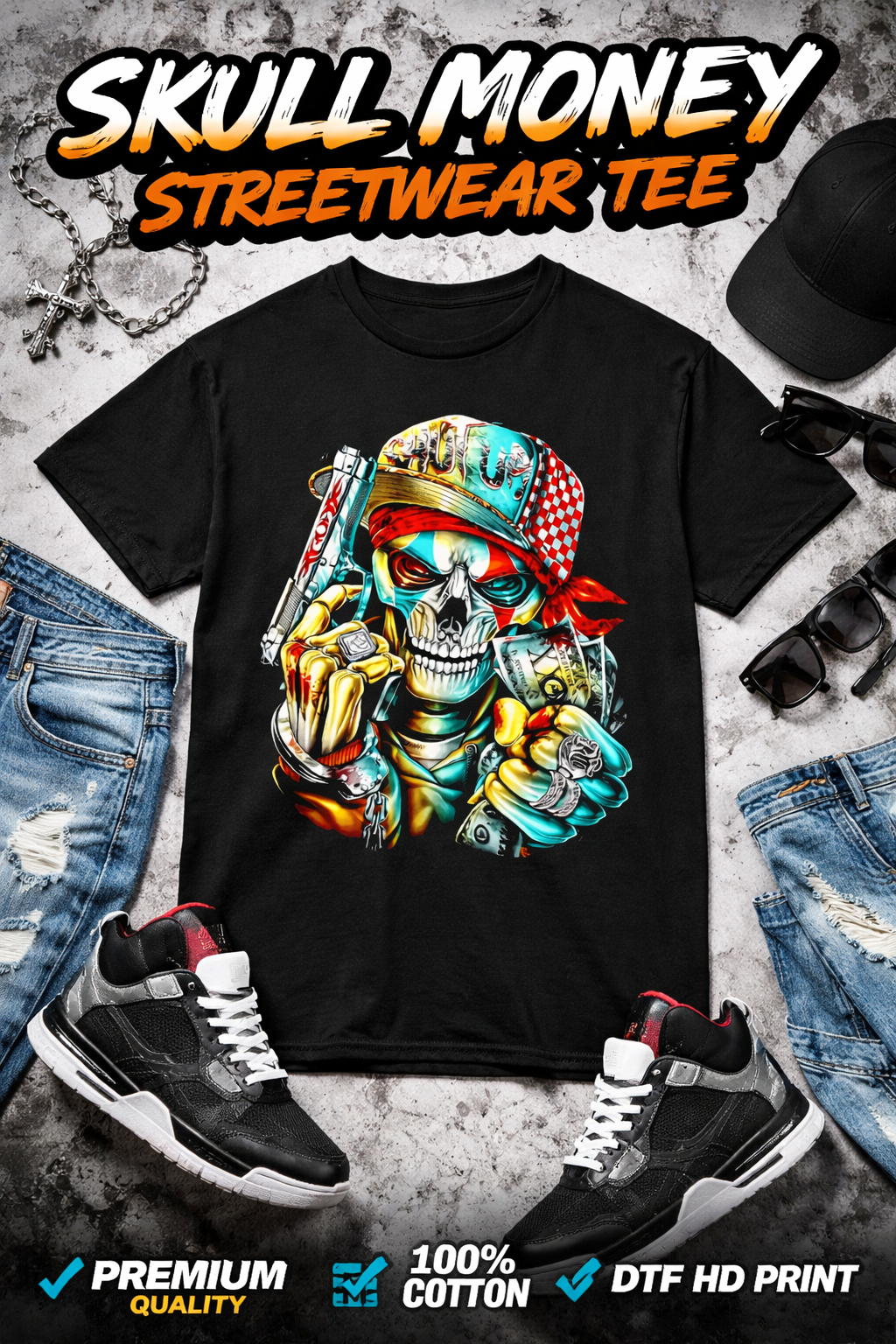 Skull Money Streetwear Graphic T-Shirt – Urban Gangster Style Tee