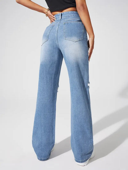 High Waist Blue Ripped Straight Jeans with Butterfly Pattern