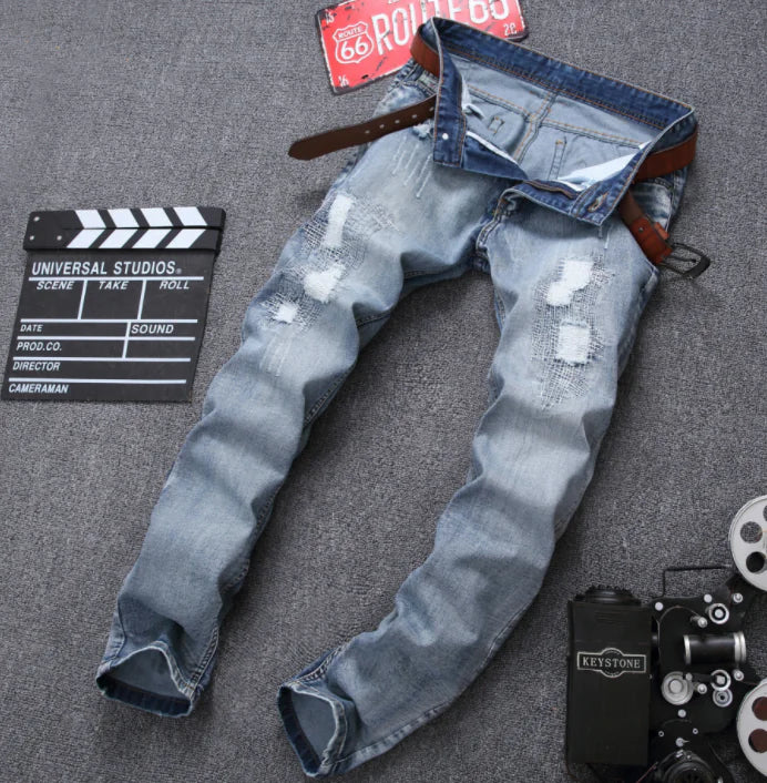 Men's Straight Leg Ripped Denim Jeans