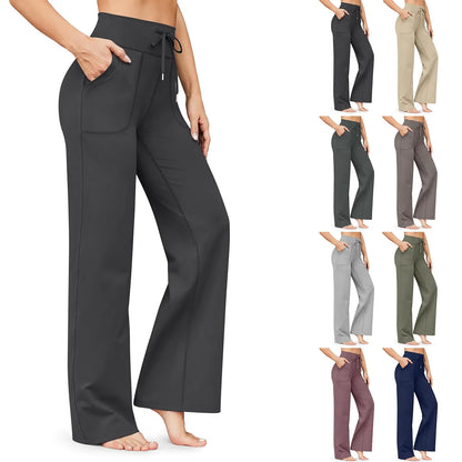 Women Wide Leg Yoga Pants with Pockets High Waist Flare Leggings Stretch Lounge Pants Loose Comfy Workout Straight Leg Sweatpants Plus Size Drawstring Elastic Waist Athletic Pants Yoga Joggers