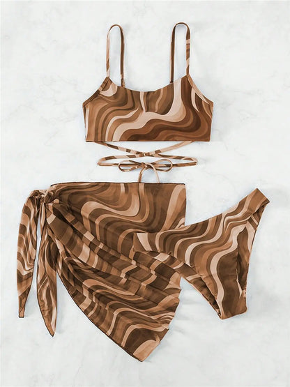 Universal Tied Printed Three-Piece Swimsuit