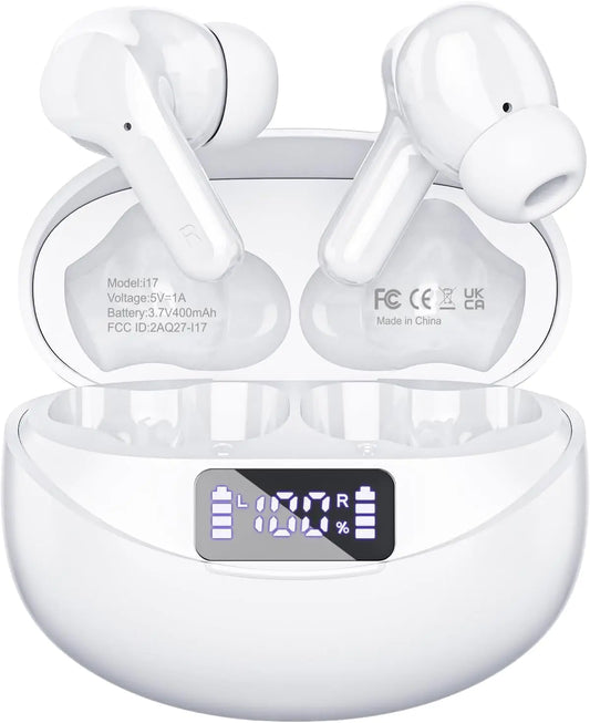 Wireless Earbuds Bluetooth Headphones 5.3 HiFi Stereo Wireless Earphones with ENC Noise Cancelling Mic LED Digital Display in Ear Buds White